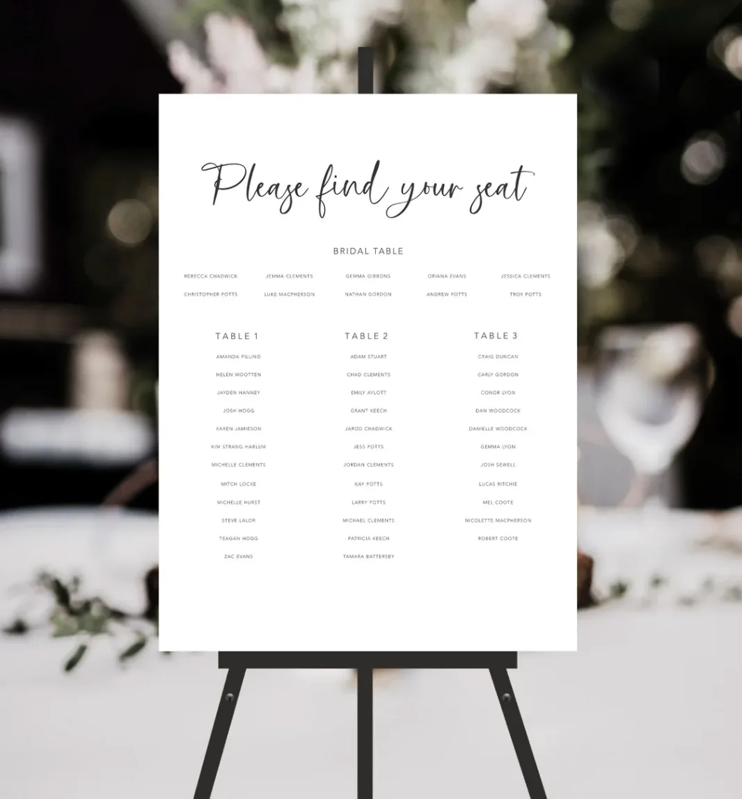 Wedding seating plan printing for Noosa weddings